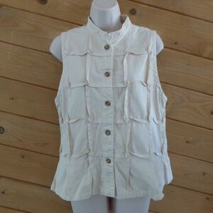 Yacco Maricard Cream Beige Geometric Pattern Button Front Sleeveless Jacket Vest